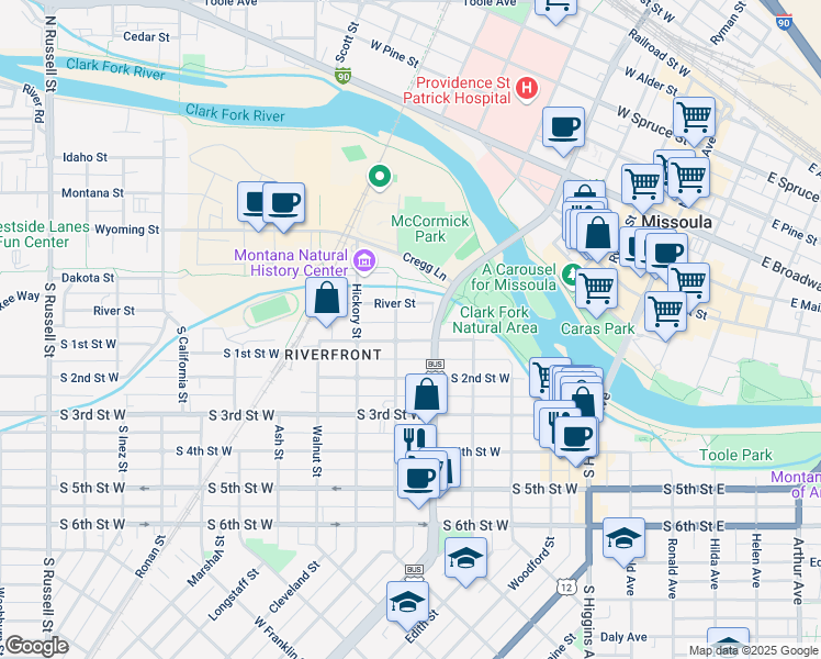 map of restaurants, bars, coffee shops, grocery stores, and more near 528 S 1st St W in Missoula