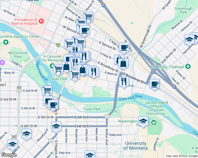 map of restaurants, bars, coffee shops, grocery stores, and more near E Front St & N Adams St in Missoula