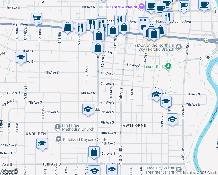 map of restaurants, bars, coffee shops, grocery stores, and more near 503 11th Street South in Fargo