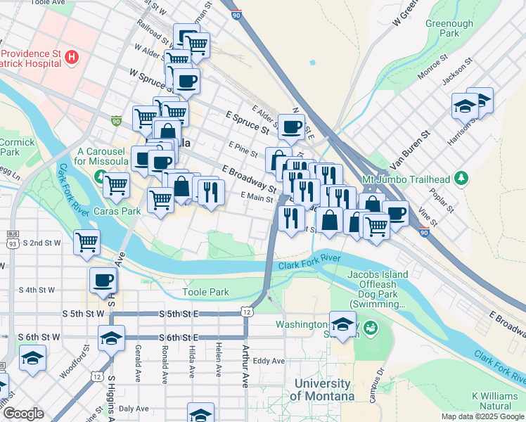 map of restaurants, bars, coffee shops, grocery stores, and more near 528 East Front Street in Missoula