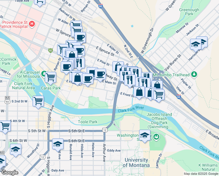 map of restaurants, bars, coffee shops, grocery stores, and more near 528 East Front Street in Missoula