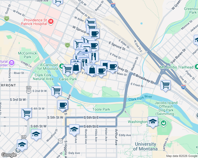 map of restaurants, bars, coffee shops, grocery stores, and more near 301 East Front Street in Missoula