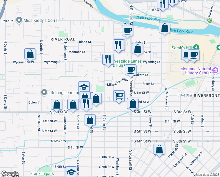 map of restaurants, bars, coffee shops, grocery stores, and more near 1615 Milwaukee Way in Missoula