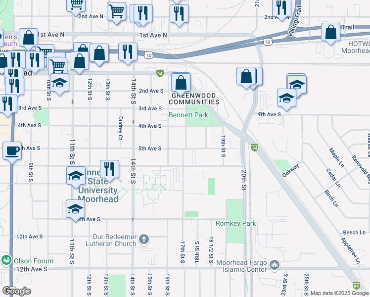map of restaurants, bars, coffee shops, grocery stores, and more near 504 17th Street South in Moorhead