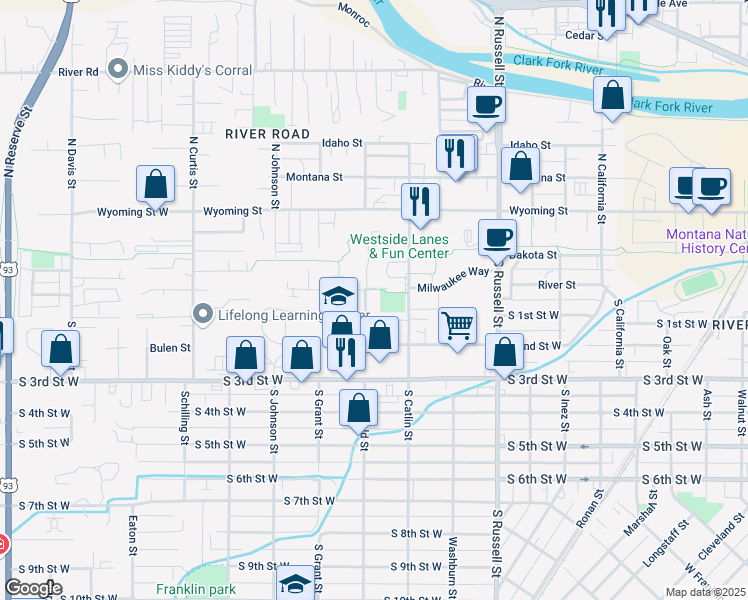 map of restaurants, bars, coffee shops, grocery stores, and more near 200 South Garfield Street in Missoula