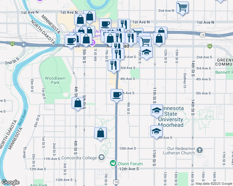 map of restaurants, bars, coffee shops, grocery stores, and more near in Moorhead