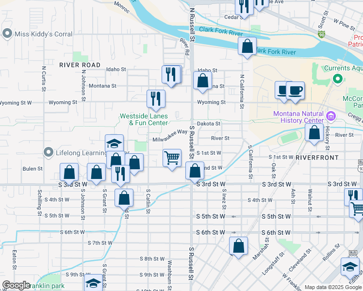 map of restaurants, bars, coffee shops, grocery stores, and more near 1555 Milwaukee Way in Missoula