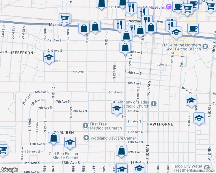 map of restaurants, bars, coffee shops, grocery stores, and more near 508 14th Street South in Fargo