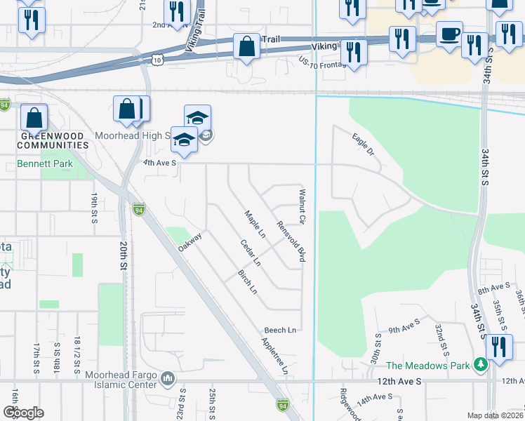 map of restaurants, bars, coffee shops, grocery stores, and more near 518 Maple Lane in Moorhead