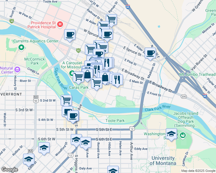 map of restaurants, bars, coffee shops, grocery stores, and more near 231 East Front Street in Missoula