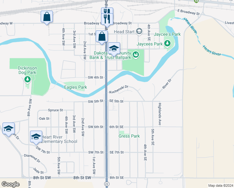 map of restaurants, bars, coffee shops, grocery stores, and more near 90 Kuchenski Drive in Dickinson