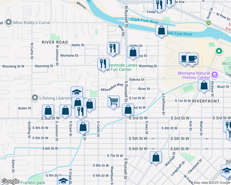 map of restaurants, bars, coffee shops, grocery stores, and more near 1520 S 2nd Street West in Missoula