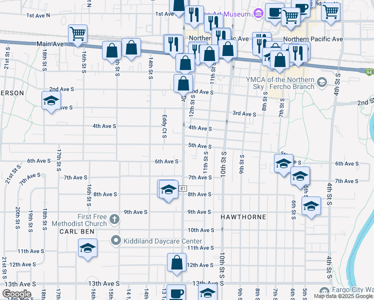 map of restaurants, bars, coffee shops, grocery stores, and more near 516 South University Drive in Fargo