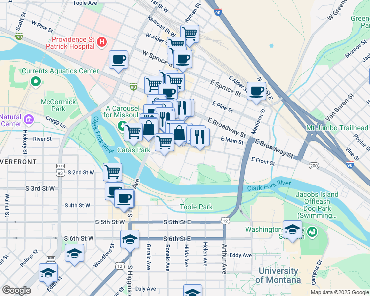 map of restaurants, bars, coffee shops, grocery stores, and more near 235 East Front Street in Missoula
