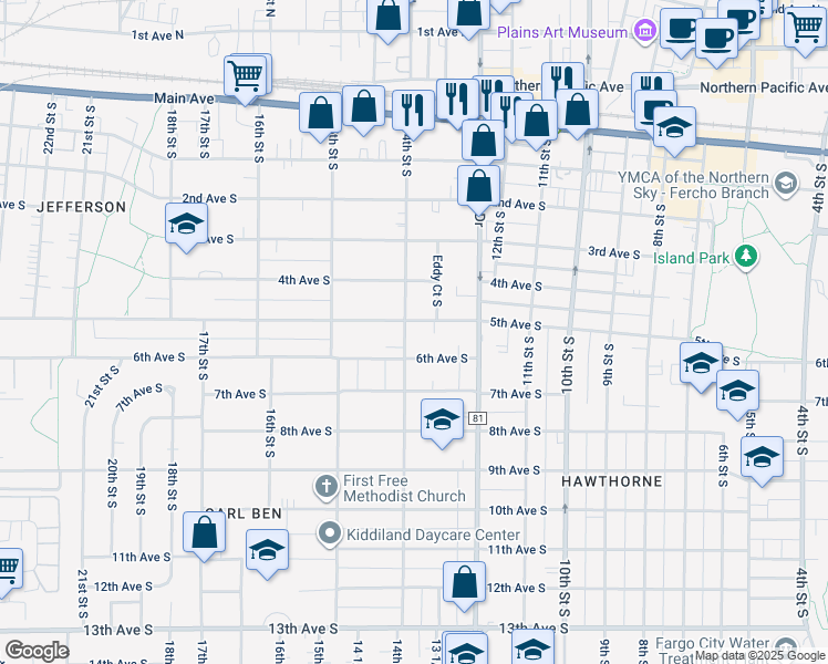 map of restaurants, bars, coffee shops, grocery stores, and more near 504 14th Street South in Fargo