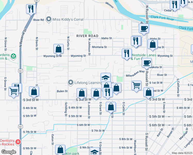 map of restaurants, bars, coffee shops, grocery stores, and more near 1940 Trail Street in Missoula