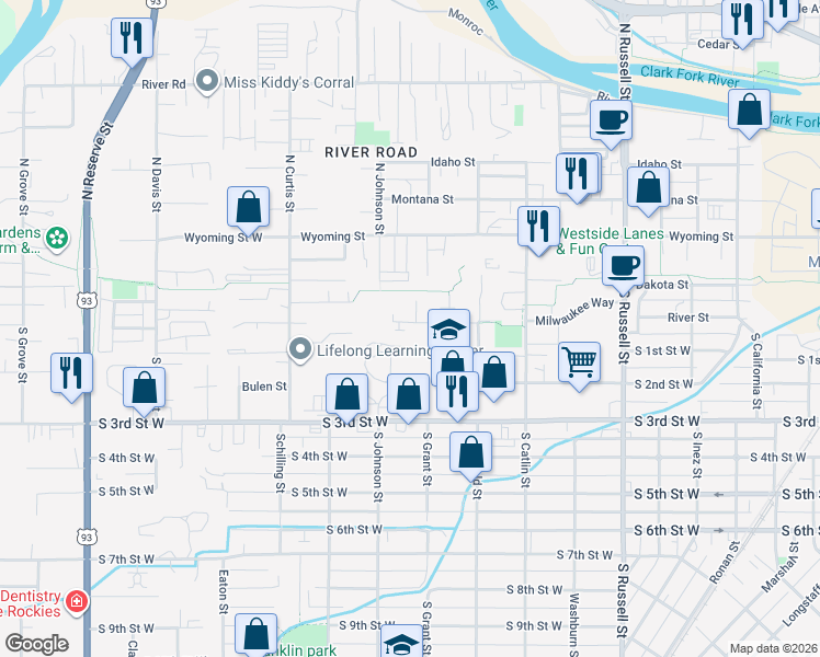 map of restaurants, bars, coffee shops, grocery stores, and more near 1915 Trail Street in Missoula