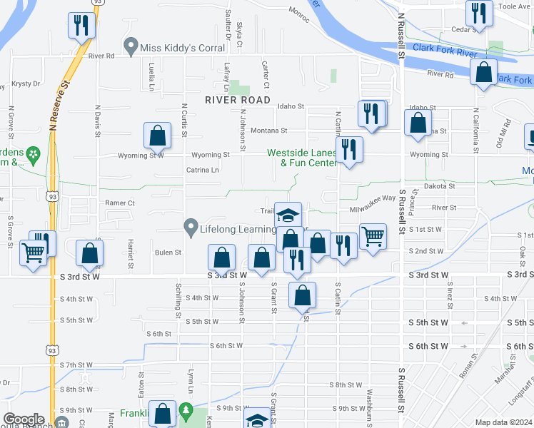 map of restaurants, bars, coffee shops, grocery stores, and more near 1905 Trail Street in Missoula