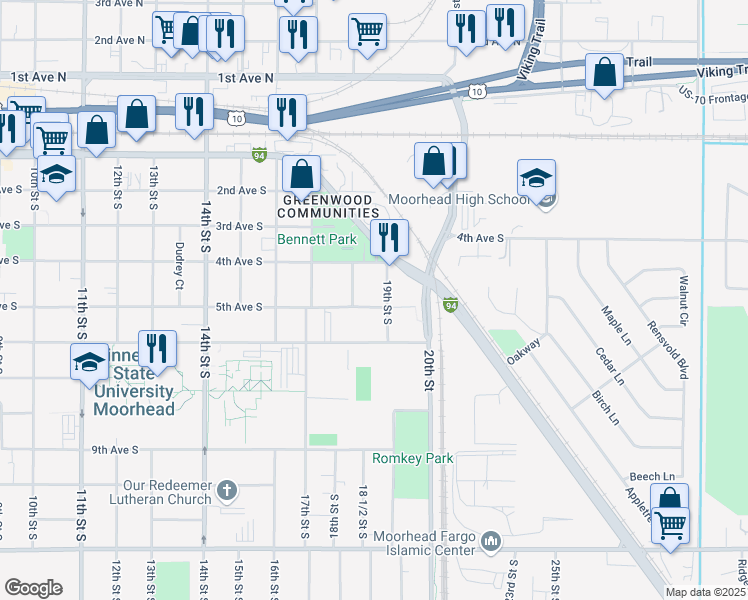 map of restaurants, bars, coffee shops, grocery stores, and more near 1818 5th Avenue South in Moorhead