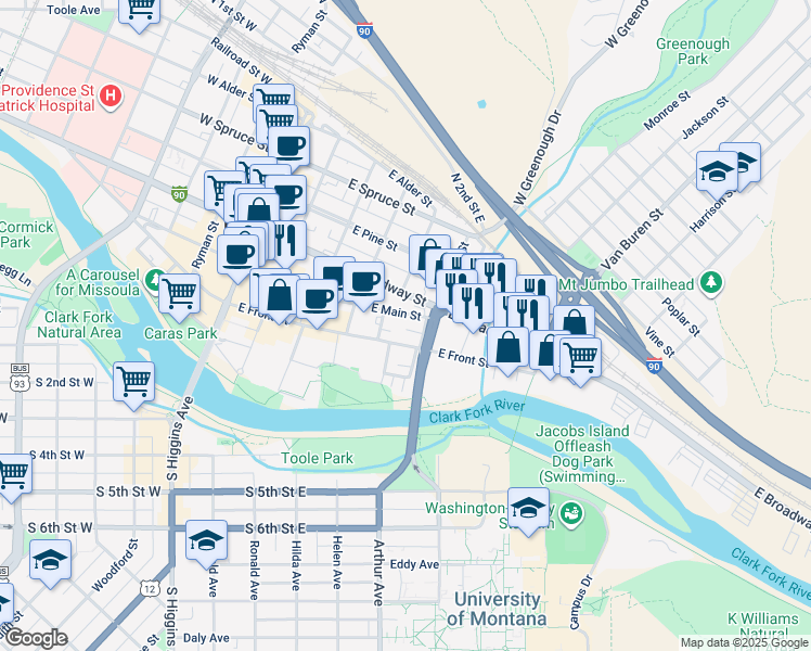 map of restaurants, bars, coffee shops, grocery stores, and more near 528 East Front Street in Missoula