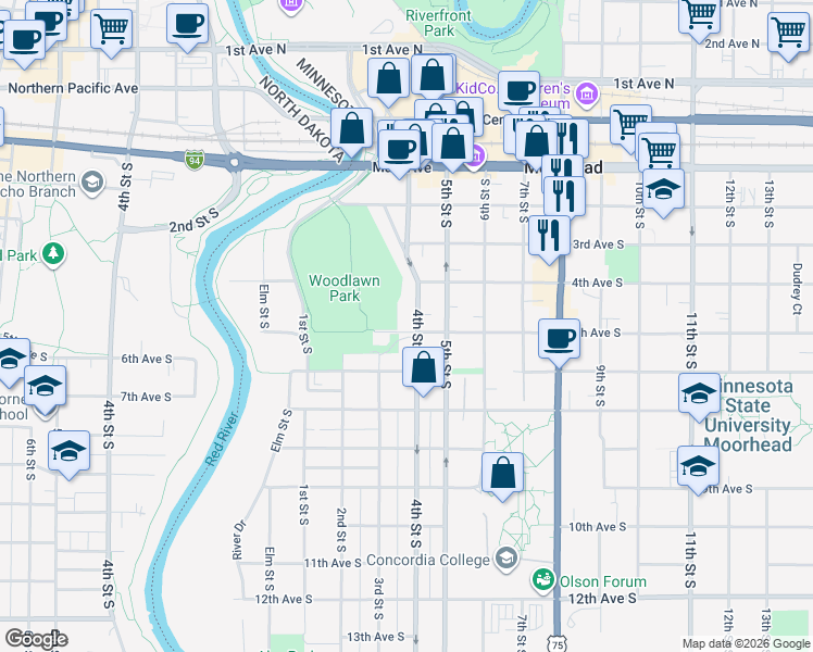 map of restaurants, bars, coffee shops, grocery stores, and more near 511 4th Street South in Moorhead