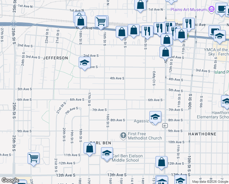 map of restaurants, bars, coffee shops, grocery stores, and more near 1525 6th Ave S in Fargo