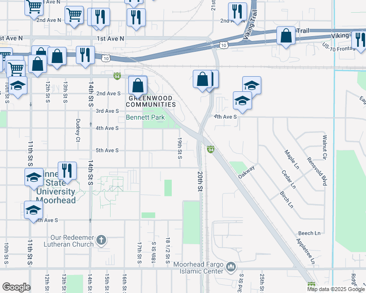 map of restaurants, bars, coffee shops, grocery stores, and more near 506 19th Street South in Moorhead