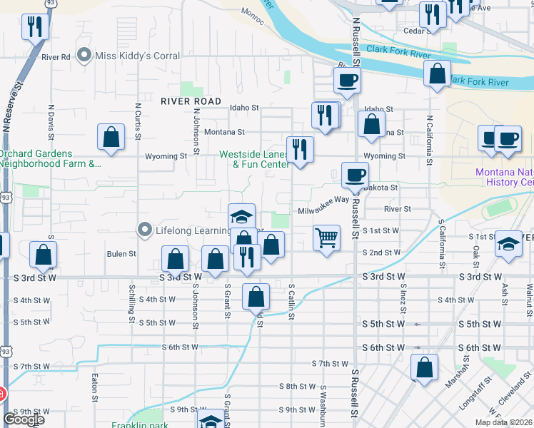 map of restaurants, bars, coffee shops, grocery stores, and more near 150 South Garfield Street in Missoula