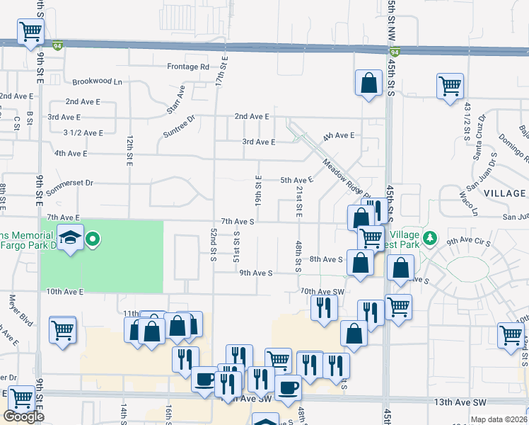 map of restaurants, bars, coffee shops, grocery stores, and more near 701 50th Street South in Fargo