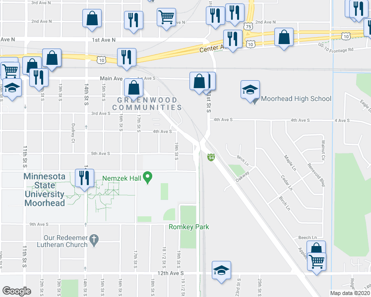 map of restaurants, bars, coffee shops, grocery stores, and more near 1918 5th Avenue South in Moorhead