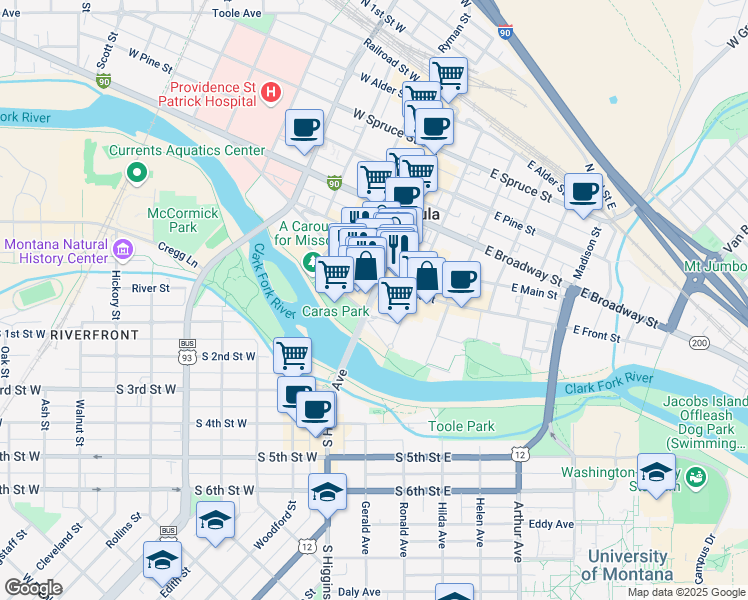 map of restaurants, bars, coffee shops, grocery stores, and more near 104 South Higgins Avenue in Missoula