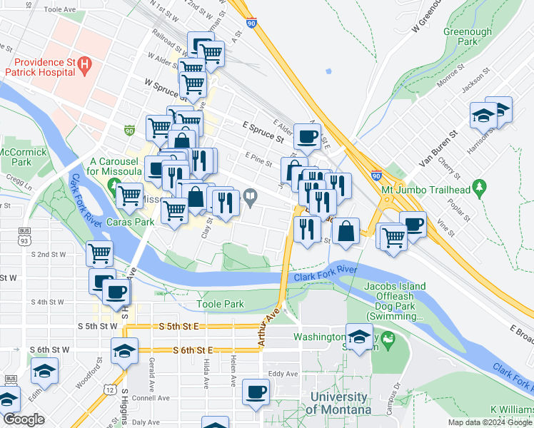 map of restaurants, bars, coffee shops, grocery stores, and more near 427 East Front Street in Missoula