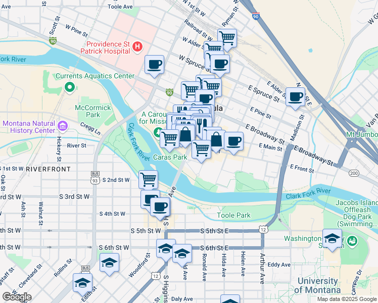 map of restaurants, bars, coffee shops, grocery stores, and more near 195 Pattee Creek Drive in Missoula