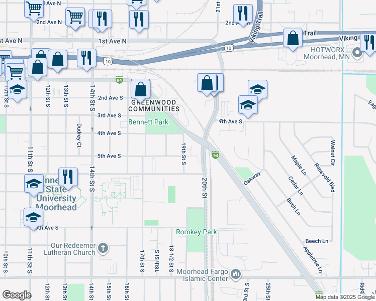 map of restaurants, bars, coffee shops, grocery stores, and more near 506 19th Street South in Moorhead