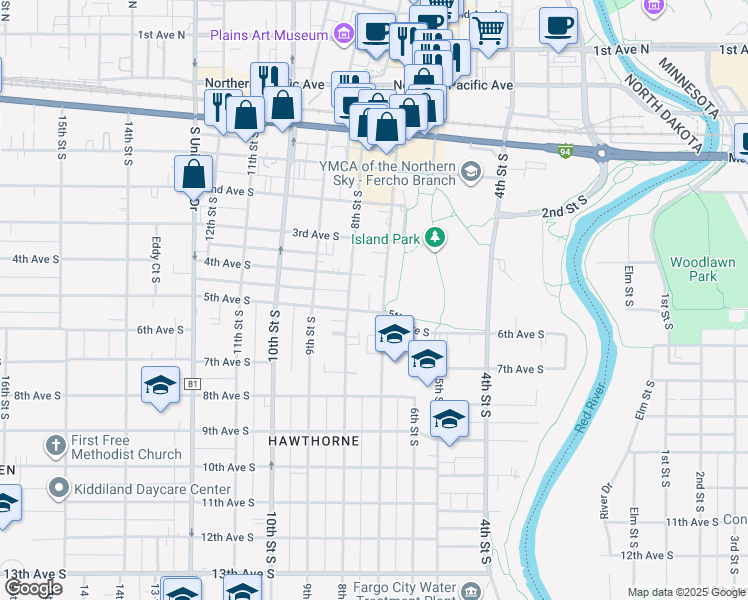 map of restaurants, bars, coffee shops, grocery stores, and more near 501 7th Street South in Fargo