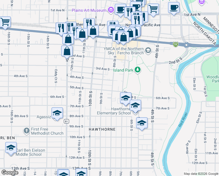 map of restaurants, bars, coffee shops, grocery stores, and more near 511 8th Street South in Fargo