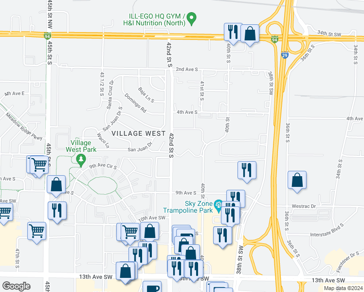 map of restaurants, bars, coffee shops, grocery stores, and more near 586 42nd Street South in Fargo