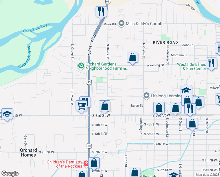 map of restaurants, bars, coffee shops, grocery stores, and more near 170 South Davis Street in Missoula