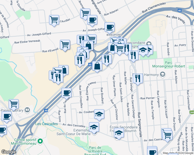 map of restaurants, bars, coffee shops, grocery stores, and more near 136 Rue Pallain in Québec