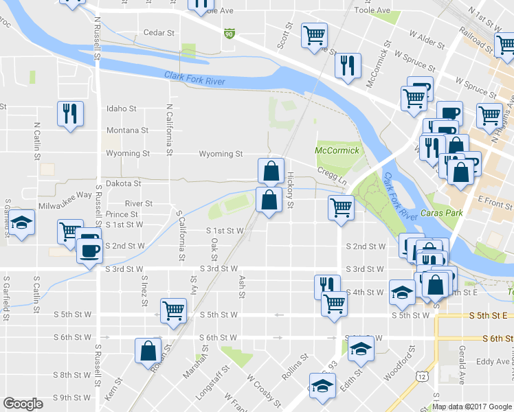 map of restaurants, bars, coffee shops, grocery stores, and more near Bitterroot Branch in Missoula