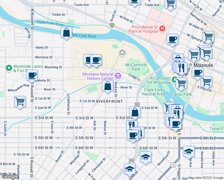 map of restaurants, bars, coffee shops, grocery stores, and more near 732 South 1st Street West in Missoula
