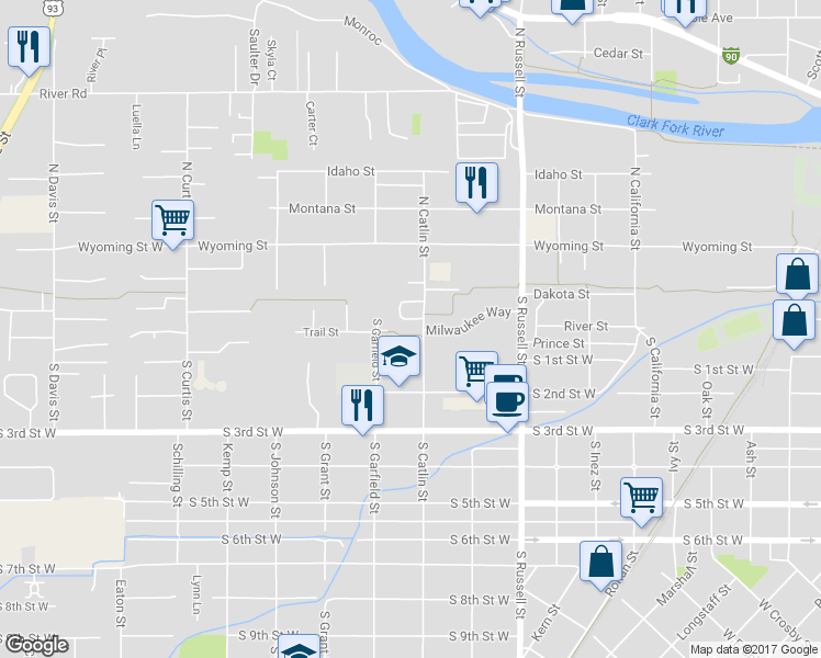 map of restaurants, bars, coffee shops, grocery stores, and more near 243 South Catlin Street in Missoula
