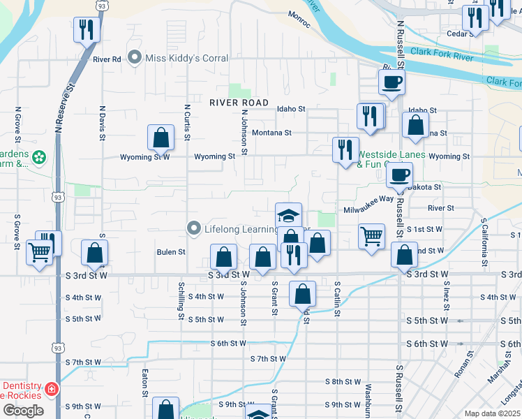 map of restaurants, bars, coffee shops, grocery stores, and more near 1915 Trail Street in Missoula