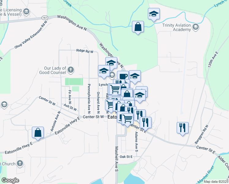 map of restaurants, bars, coffee shops, grocery stores, and more near 185 Mashell Avenue North in Eatonville