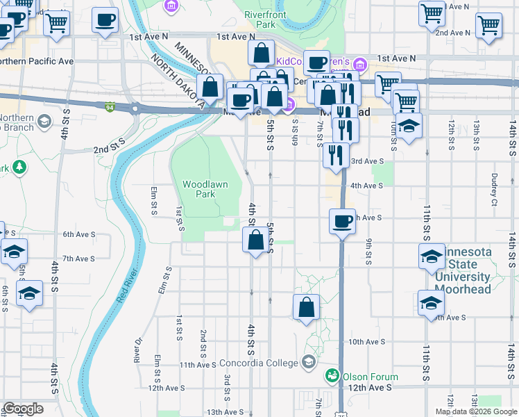 map of restaurants, bars, coffee shops, grocery stores, and more near 506 5th Street South in Moorhead
