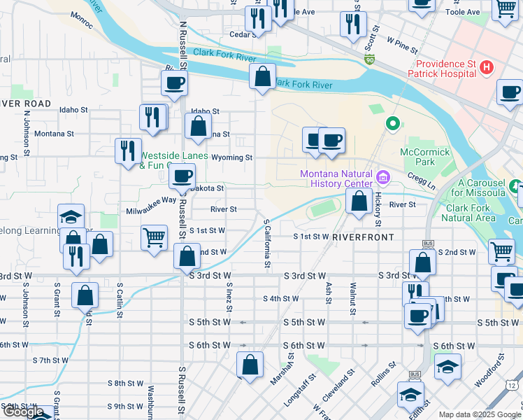 map of restaurants, bars, coffee shops, grocery stores, and more near 1001 River Street in Missoula