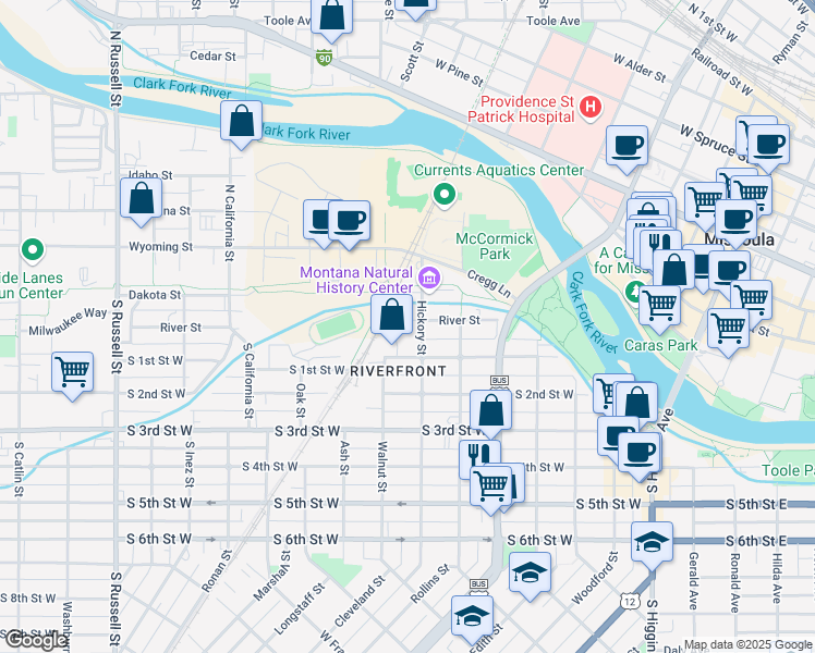 map of restaurants, bars, coffee shops, grocery stores, and more near Milwaukee Trail in Missoula