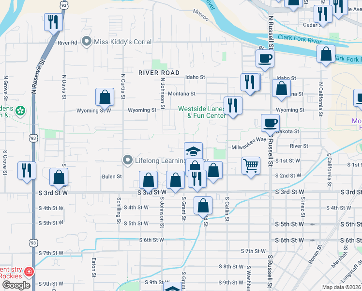 map of restaurants, bars, coffee shops, grocery stores, and more near Milwaukee Trail in Missoula