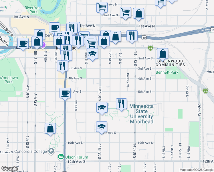 map of restaurants, bars, coffee shops, grocery stores, and more near 1115 4th Avenue South in Moorhead