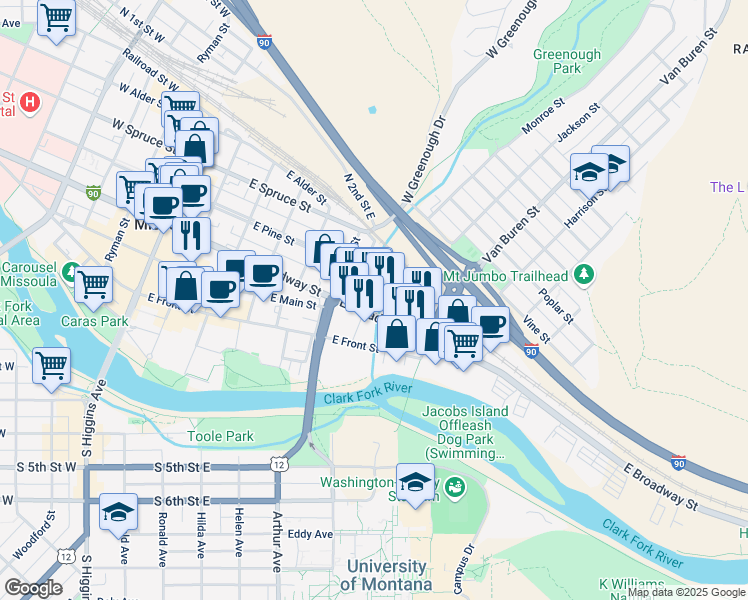 map of restaurants, bars, coffee shops, grocery stores, and more near 700 East Broadway Street in Missoula